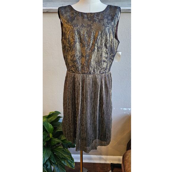 NWT MM‎ Couture Boho Floral Shimmer Overlay Cocktail Dress Women Sz L Brown Gold - Picture 1 of 5